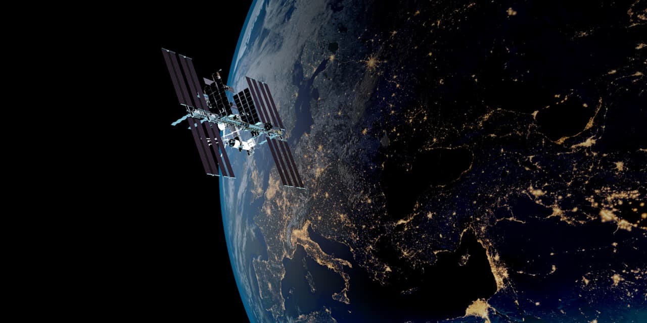 International Space Station in orbit at night